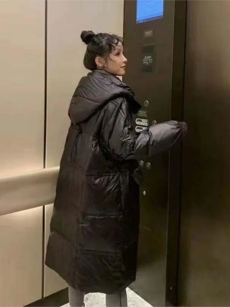 Long-over-the-knee-glossy-closed-down-jacket-female-waist-with-thick-white-duck-down-bread